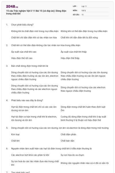 15 câu Trắc nghệm Vật lí 11 Bài 15 (có đáp án): Dòng điện trong chất khí