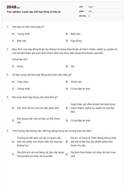 Trắc nghiệm: Luyện tập viết hợp đồng có đáp án