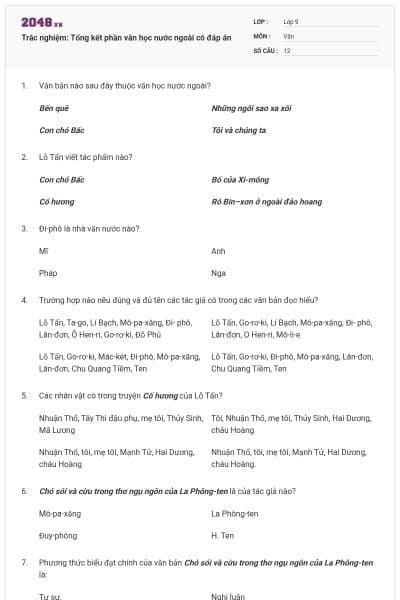 Trắc nghiệm: Tổng kết phần văn học nước ngoài có đáp án