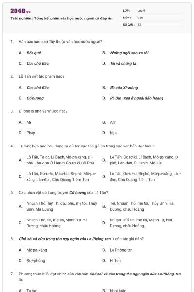 Trắc nghiệm: Tổng kết phần văn học nước ngoài có đáp án
