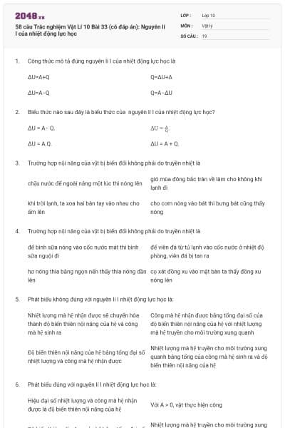 58 câu Trắc nghiệm Vật Lí 10 Bài 33 (có đáp án): Nguyên lí I của nhiệt động lực học