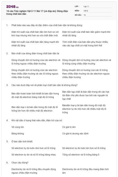 16 câu Trắc nghệm Vật lí 11 Bài 17 (có đáp án): Dòng điện trong chất bán dẫn