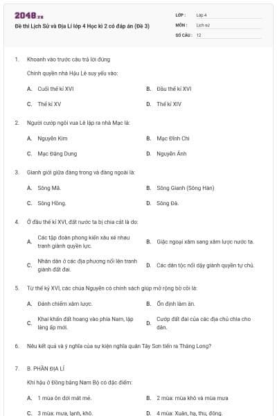 Đề thi Lịch Sử và Địa Lí lớp 4 Học kì 2 có đáp án (Đề 3)