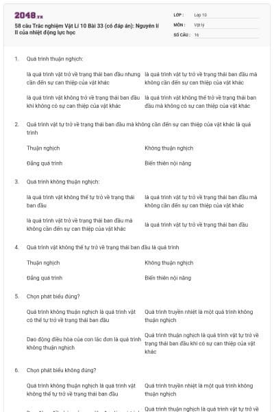 58 câu Trắc nghiệm Vật Lí 10 Bài 33 (có đáp án): Nguyên lí II của nhiệt động lực học