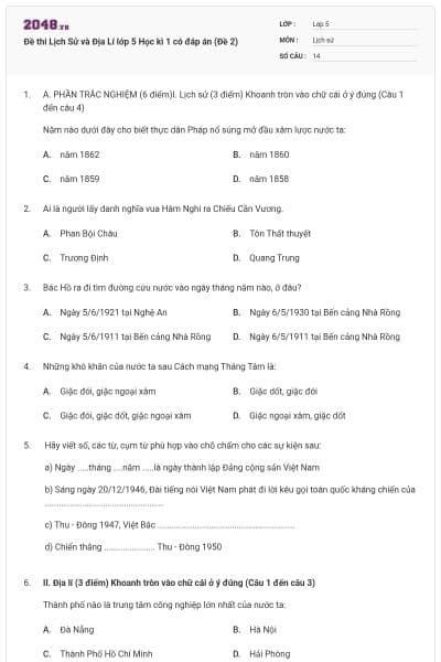Đề thi Lịch Sử và Địa Lí lớp 5 Học kì 1 có đáp án (Đề 2)