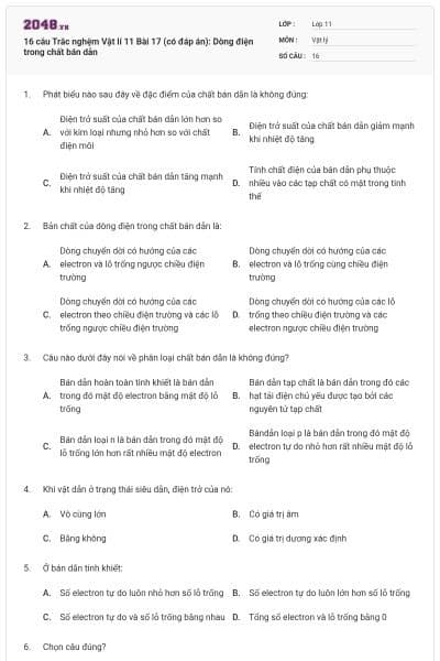 16 câu Trắc nghệm Vật lí 11 Bài 17 (có đáp án): Dòng điện trong chất bán dẫn