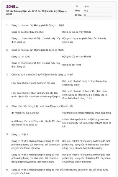 58 câu Trắc nghiệm Vật Lí 10 Bài 33 (có đáp án): Động cơ nhiệt