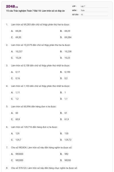15 câu Trắc nghiệm Toán 7 Bài 10: Làm tròn số có đáp án