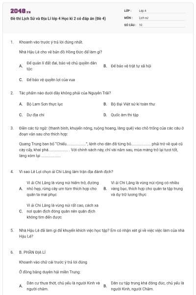 Đề thi Lịch Sử và Địa Lí lớp 4 Học kì 2 có đáp án (Đề 4)