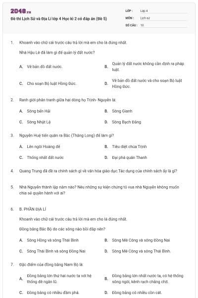 Đề thi Lịch Sử và Địa Lí lớp 4 Học kì 2 có đáp án (Đề 5)