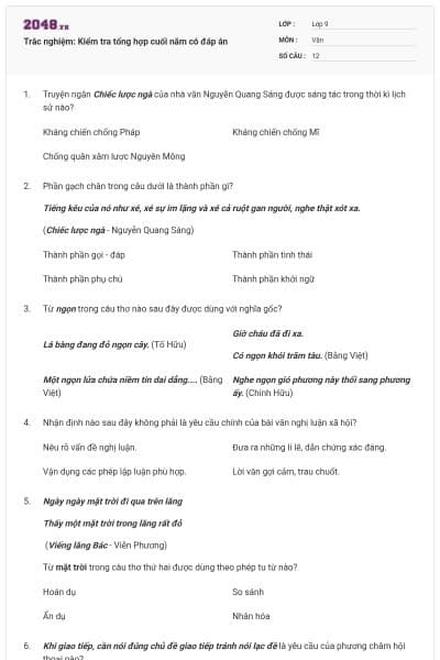 Trắc nghiệm: Kiểm tra tổng hợp cuối năm có đáp án