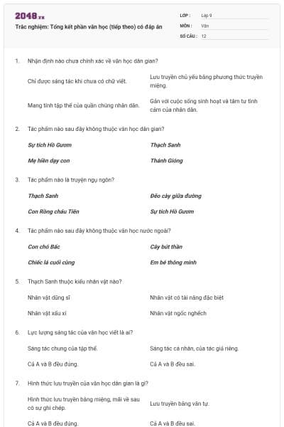 Trắc nghiệm: Tổng kết phần văn học (tiếp theo) có đáp án