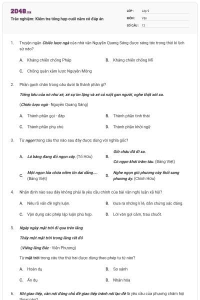 Trắc nghiệm: Kiểm tra tổng hợp cuối năm có đáp án