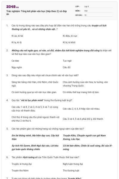 Trắc nghiệm: Tổng kết phần văn học (tiếp theo 2) có đáp án