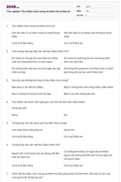 Trắc nghiệm: Thư (điện) chúc mừng và thăm hỏi có đáp án