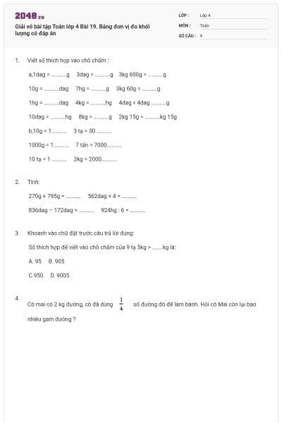 Giải vở bài tập Toán lớp 4  Bài 19. Bảng đơn vị đo khối lượng có đáp án