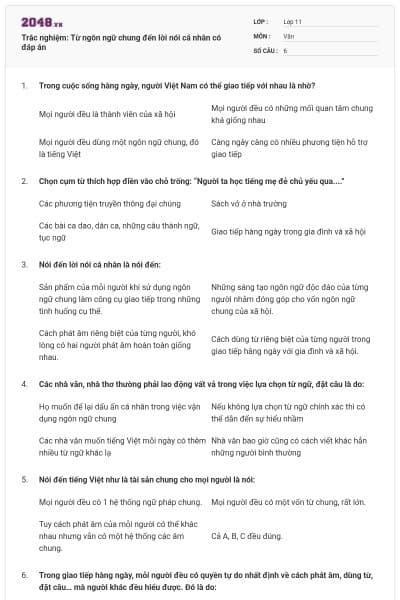 Trắc nghiệm: Từ ngôn ngữ chung đến lời nói cá nhân có đáp án