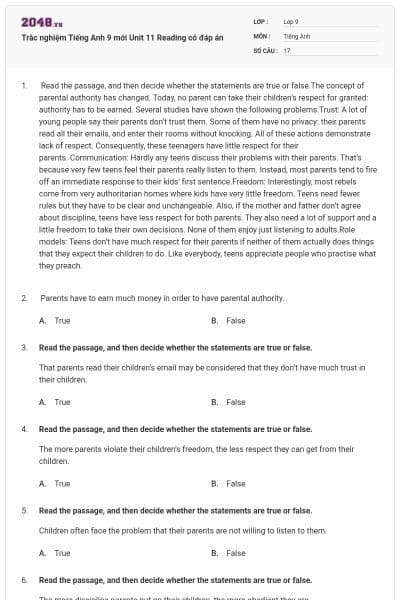 Trắc nghiệm Tiếng Anh 9 mới Unit 11 Reading có đáp án