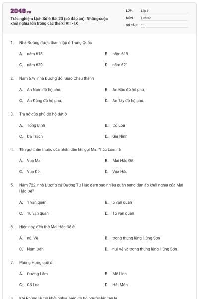 Trắc nghiệm Lịch Sử 6 Bài 23 (có đáp án): Những cuộc khởi nghĩa lớn trong các thế kỉ VII - IX