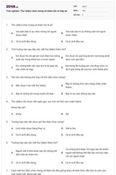 Trắc nghiệm: Thư (điện) chúc mừng và thăm hỏi có đáp án