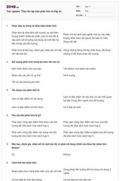 Trắc nghiệm: Thao tác lập luận phân tích có đáp án