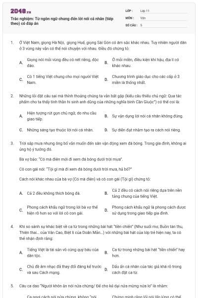 Trắc nghiệm: Từ ngôn ngữ chung đến lời nói cá nhân (tiếp theo) có đáp án