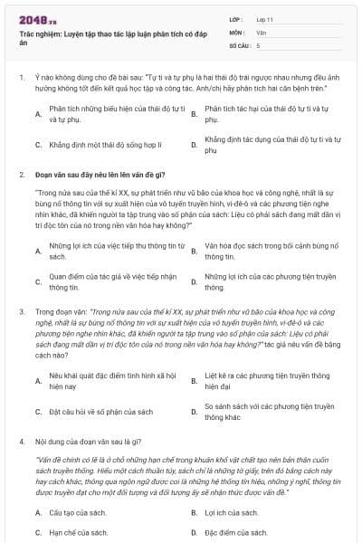 Trắc nghiệm: Luyện tập thao tác lập luận phân tích có đáp án