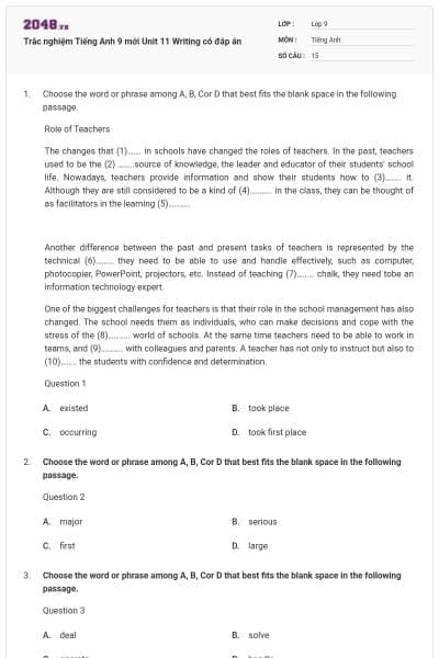 Trắc nghiệm Tiếng Anh 9 mới Unit 11 Writing có đáp án