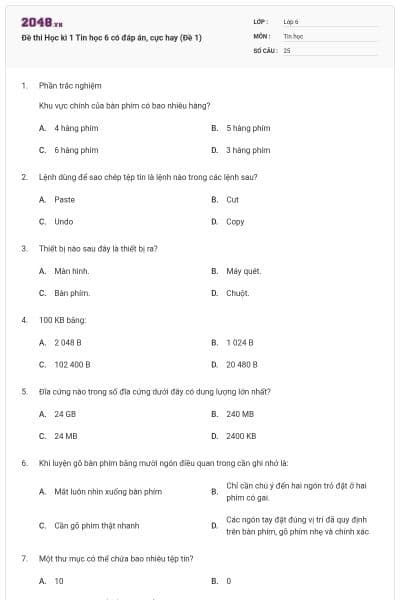 Đề thi Học kì 1 Tin học 6 có đáp án, cực hay (Đề 1)