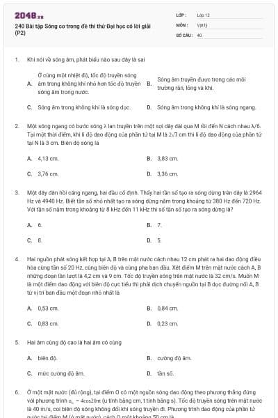 240 Bài tập Sóng cơ trong đề thi thử Đại học có lời giải (P2)
