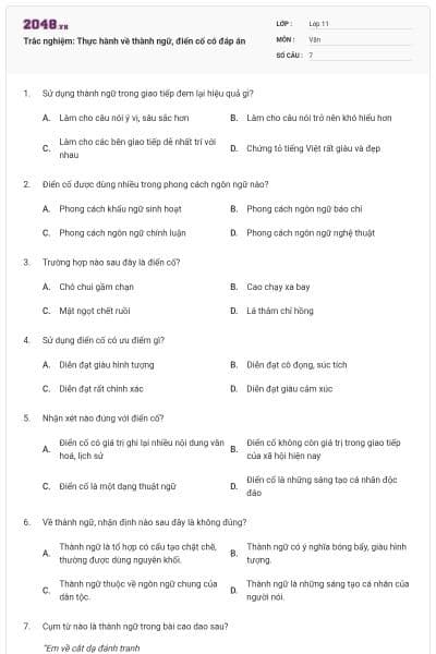 Trắc nghiệm: Thực hành về thành ngữ, điển cố có đáp án