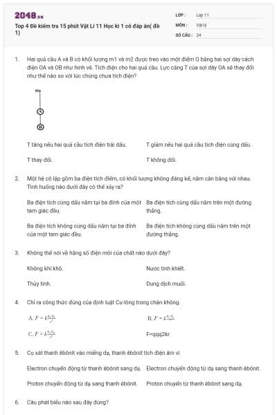Top 4 Đề kiểm tra 15 phút Vật Lí 11 Học kì 1 có đáp án( đề 1)