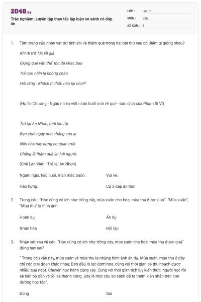 Trắc nghiệm: Luyện tập thao tác lập luận so sánh có đáp án