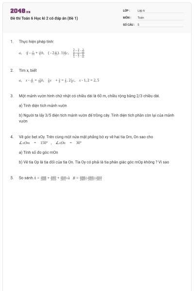 Đề thi Toán 6 Học kì 2 có đáp án (Đề 1)