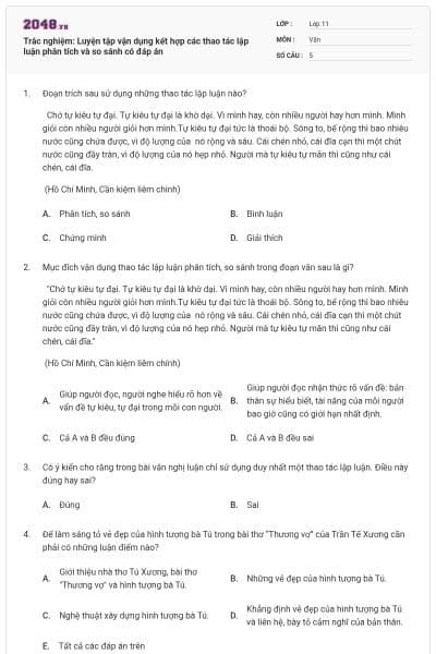 Trắc nghiệm: Luyện tập vận dụng kết hợp các thao tác lập luận phân tích và so sánh có đáp án