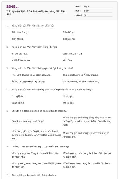 Trắc nghiệm Địa Lí 8 Bài 24 (có đáp án): Vùng biển Việt Nam