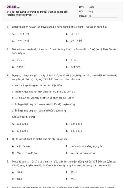 615 Bài tập Sóng cơ trong đề thi thử Đại học có lời giải (trường không chuyên - P1)