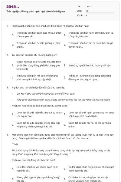 Trắc nghiệm: Phong cách ngôn ngữ báo chí có đáp án