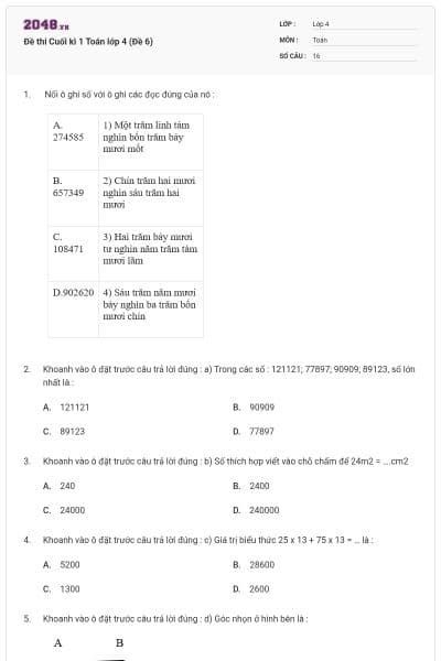 Đề thi Cuối kì 1 Toán lớp 4 (Đề 6)