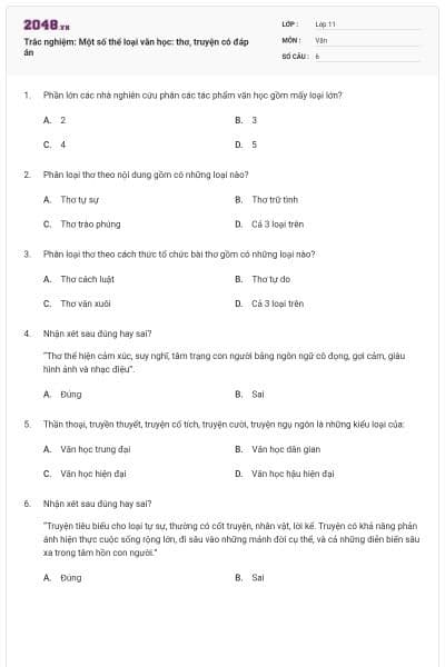 Trắc nghiệm: Một số thể loại văn học: thơ, truyện có đáp án