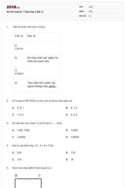 Đề thi Cuối kì 1 Toán lớp 4 (Đề 7)