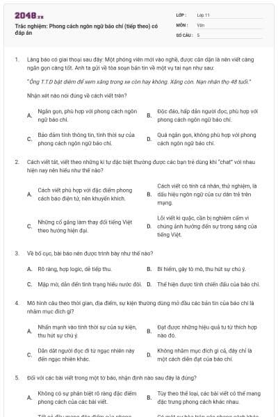 Trắc nghiệm: Phong cách ngôn ngữ báo chí (tiếp theo) có đáp án