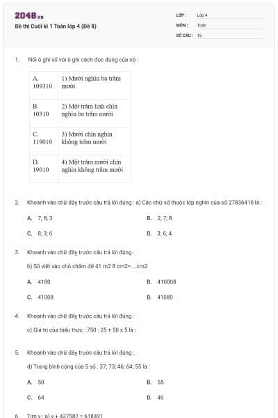 Đề thi Cuối kì 1 Toán lớp 4 (Đề 8)