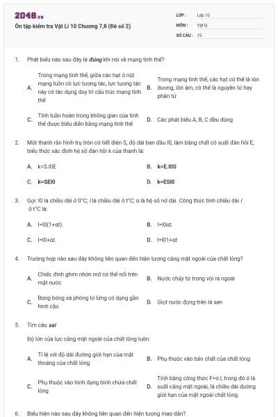 Ôn tập kiểm tra Vật Lí 10 Chương 7,8 (Đề số 2)