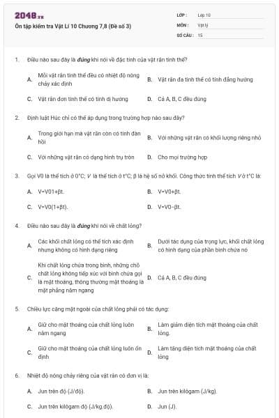 Ôn tập kiểm tra Vật Lí 10 Chương 7,8 (Đề số 3)