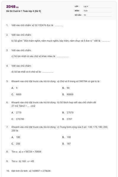 Đề thi Cuối kì 1 Toán lớp 4 (Đề 9)