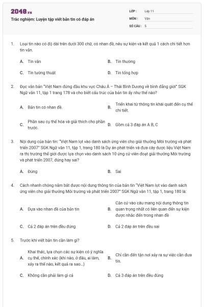 Trắc nghiệm: Luyện tập viết bản tin có đáp án