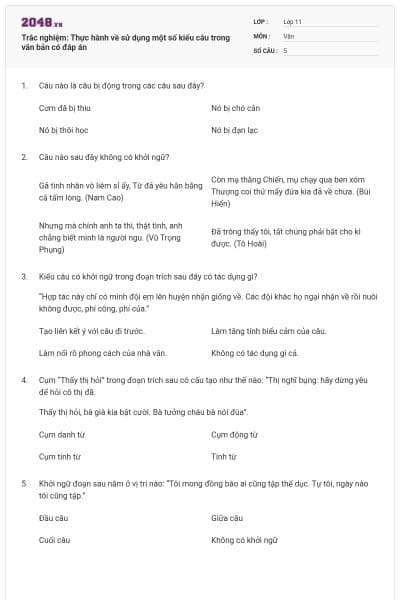 Trắc nghiệm: Thực hành về sử dụng một số kiểu câu trong văn bản có đáp án