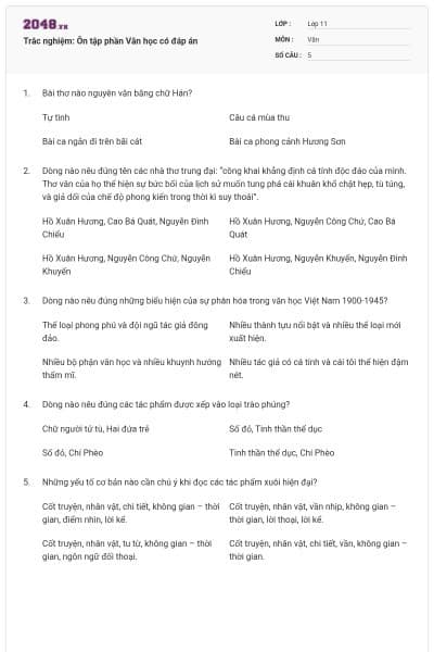 Trắc nghiệm: Ôn tập phần Văn học có đáp án