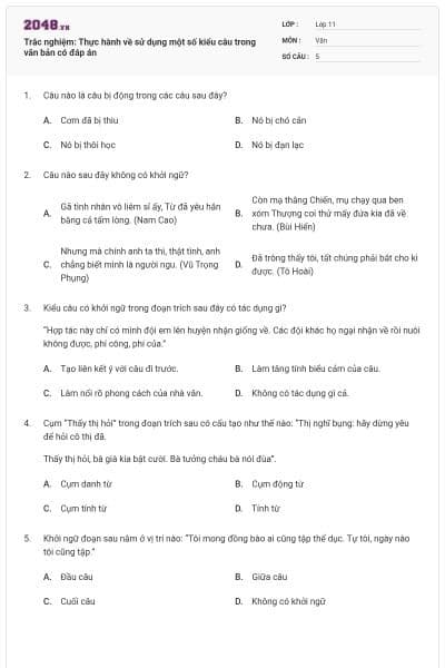 Trắc nghiệm: Thực hành về sử dụng một số kiểu câu trong văn bản có đáp án